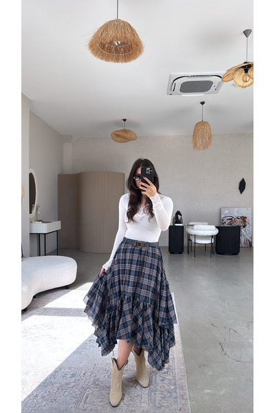 Buket Teke Navy Blue Patterned Asymmetrical Cotton Lined Skirt