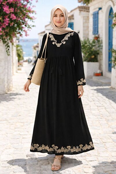 AYASOFYA OTANTIK Women's Black Round Neck Long Dress with Embroidery Detail
