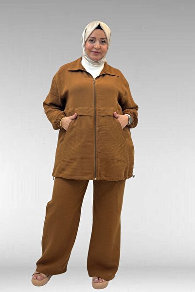 Eslina 67016 Büyük Beden Kol Ve Etek Ucu Lastik Detaylı Müslin Pantolonlu Tak...