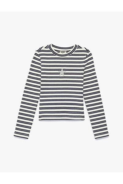 Koton Cotton Long Sleeve Crew Neck Embroidered Striped T-Shirt