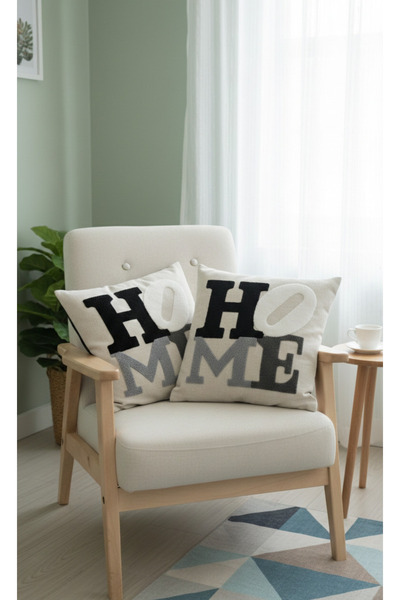 Nevvera Home 2'li Set Home Yazılı Nakışlı Dekoratif Kırlent Kılıfı - Püsküllü...