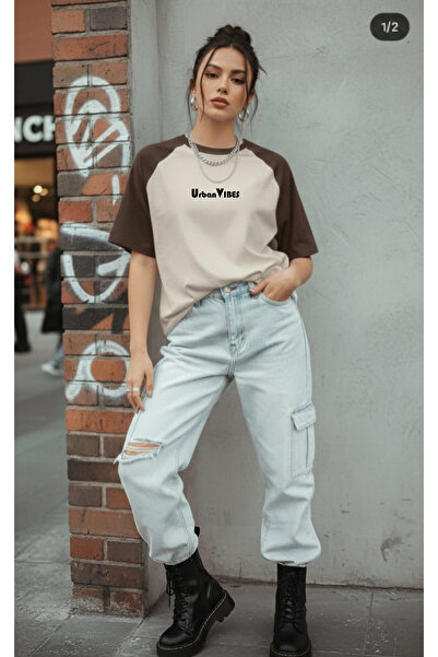 KVİNS Urban Vibes Women's Black and White Raglan Sleeve Oversize Crew Neck Co...