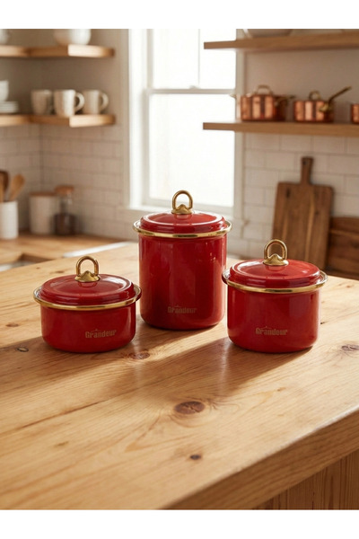 FeyzaDesign Şık Emaye Baharatlık Seti, 3'lü Kavanoz, Kırmızı Renkli, Modern T...
