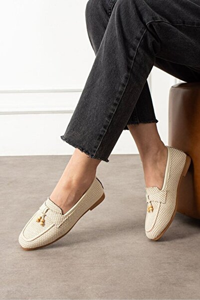 STOCON Padova Checkered Beige Tasseled Wooden Bead Detailed Loafer Ballerina ...