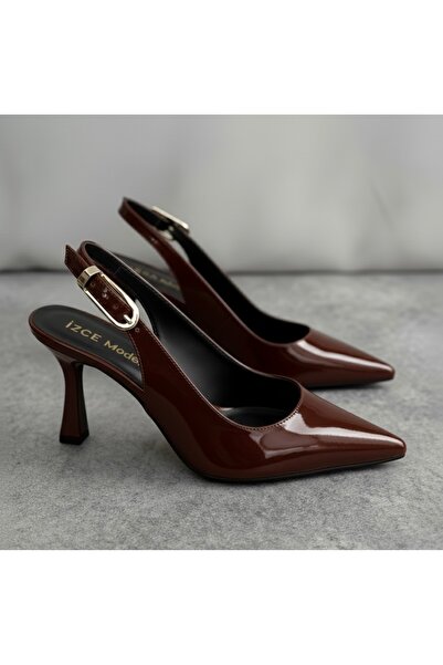 İZCE MODA Women's High Heels with Pointed Ankle Straps in Brown Patent Leather