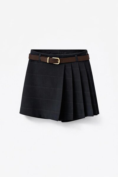 ELVAN TOLON Navy Blue Plaid Belted Short Skirt