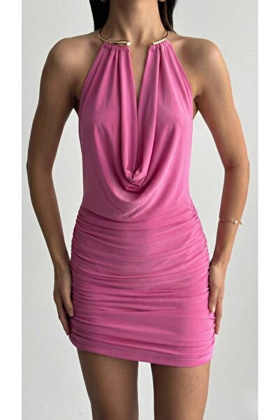 MAGARDE Buckle Detailed Sandy Fabric Premium Dress - Pink