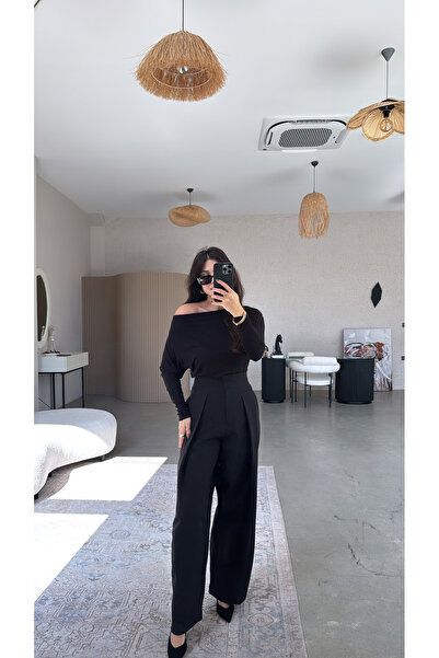 Buket Teke Black Closed Pleated Fabric Trousers