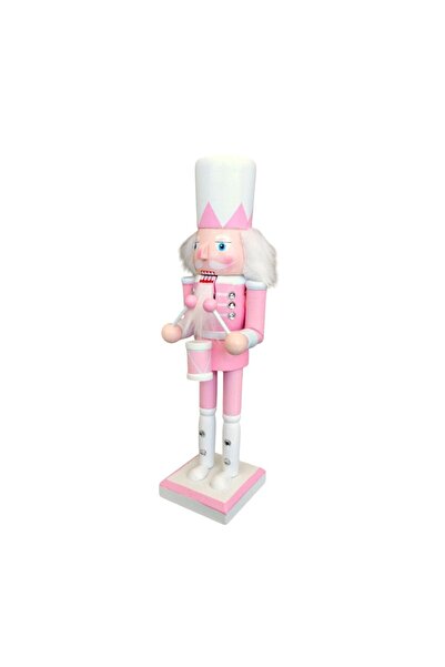 mutlu adım 25cm Kurşun Asker Ahşap Yılbaşı Dekoru Pembe Elinde Davul