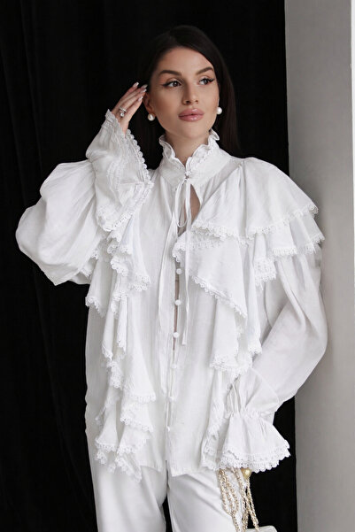 Julidress Ecru White Premium Vintage Shirt with Lace and Tie Detail