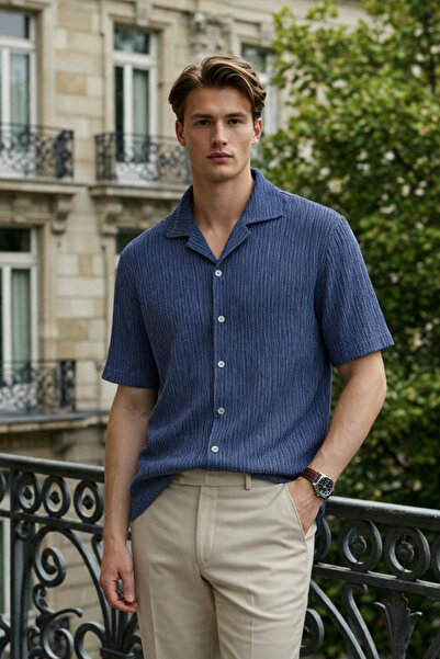 DAMGA JEANS Men's Trend Relax Fit Navy Blue Linen Shirt