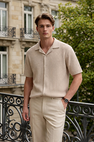 DAMGA JEANS Men's Trend Relax Fit Cream Linen Shirt