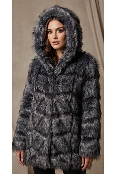 ihaoo Women's gray faux fur coat with hood