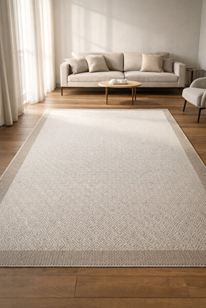 by Özer Halı Lotus Baklava Desenli Sisal Krem Renk Vizon Bordürlü Mutfak Halısı