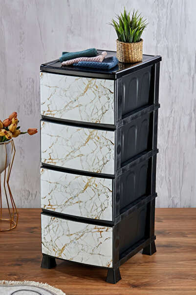 FeyzaDesign 4 Katlı Mermer Desenli Plastik Komidin, Sebzelik ve Çekmece No:2