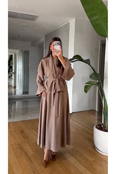 FEMMESTUDIO Women's Milk Coffee Belted Jacket Dress Set