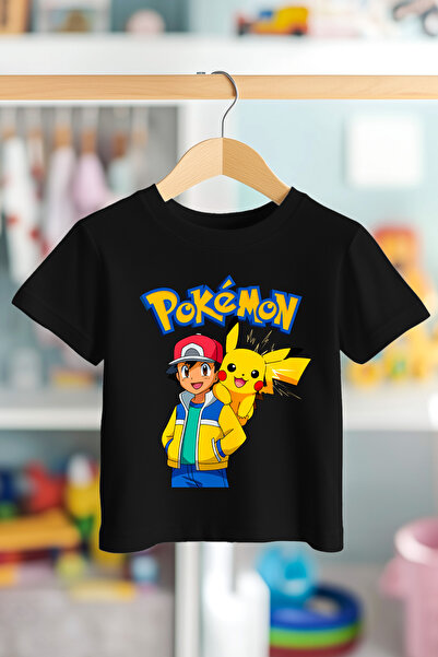 BookOrBook Ash ve Pikachu %100 Pamuk Premium Kalite Çocuk Tişörtü (3-12 Yaş)