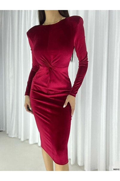 Modafeminen Velvet midi length evening dress with padded detail 582312 red