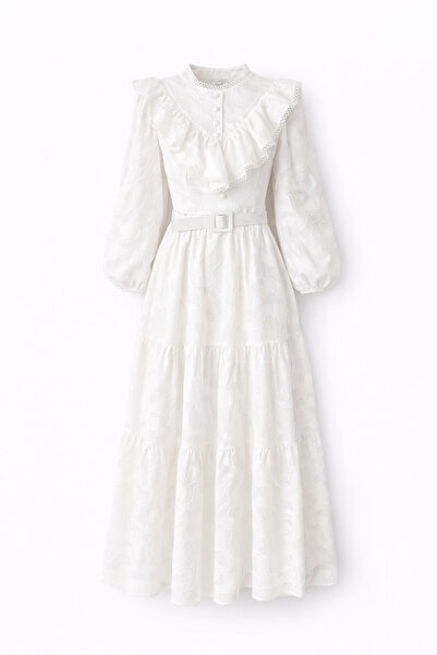 HAZELANNA Fırfırlı Brodeli Beyaz Elbise