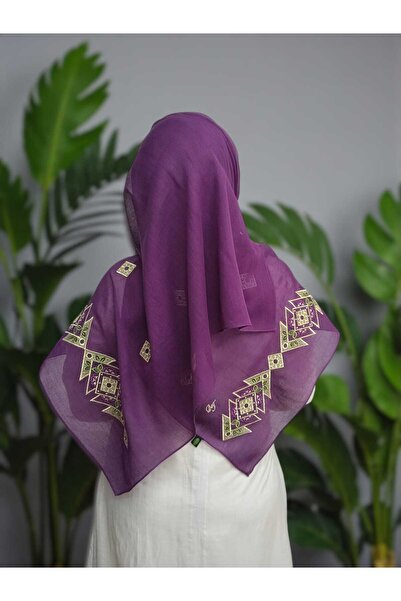 BAŞ TASARIM Purple Cotton Waterway Embroidered Shawl Headscarf