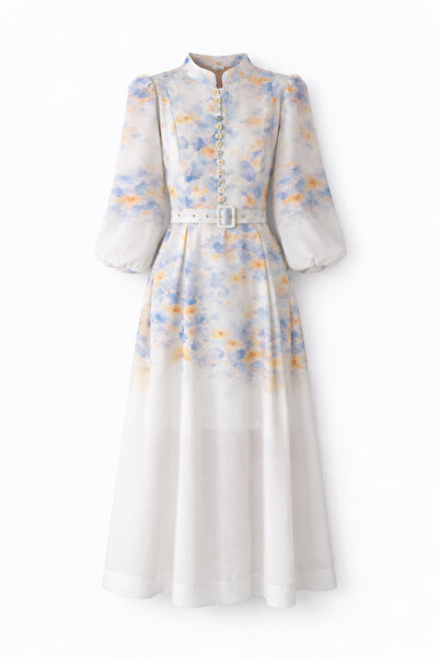 HAZELANNA Dijital Baskı Mavi Çiçekli Elbise