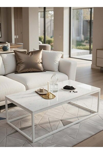 Generic Modern Rectangular Coffee Table with Faux Marble Top and White Metal ...