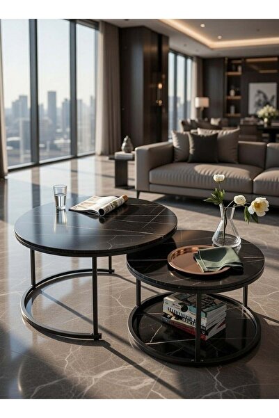 Generic Premium 2-Piece Nesting Coffee Table Set with Black Marble Finish and...