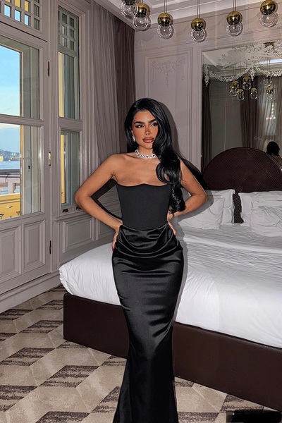 Mores Black Strapless Long Satin Graduation Dress – Fish Model Evening & Even...