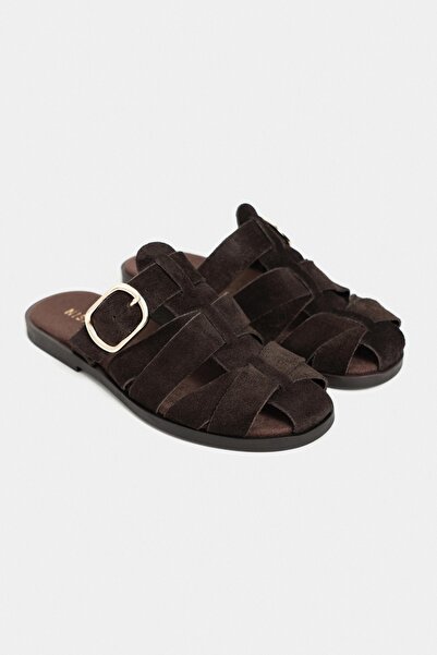 NİŞANTAŞI SHOES Honey Bitter Brown Genuine Suede Buckle Detailed Flat Sole Wo...