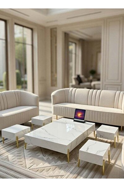 Generic Luxury 5-Piece White Marble-Finish Floor Coffee Table Set with Gold M...