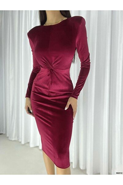 Modafeminen Velvet Midi Length Evening Dress with Cotton Detail 582312 Claret...