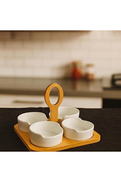 FeyzaDesign Dörtli Bambu Standlı Recellik Sosluk Sunum Seti, şık ve kullanışl...