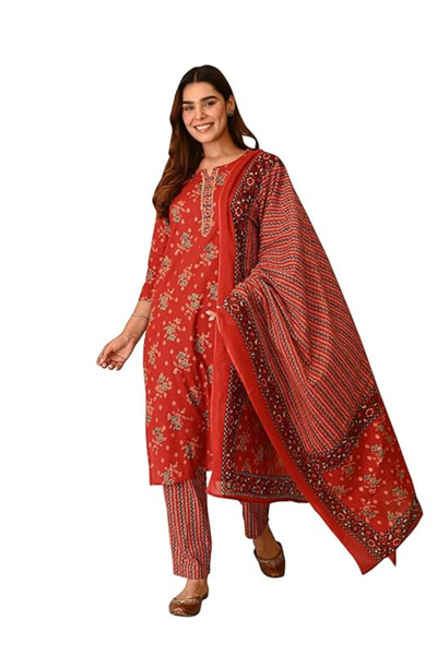 MYSMAR Red Viscose Kurta Pant Dupatta Set - VRN1033 | Red