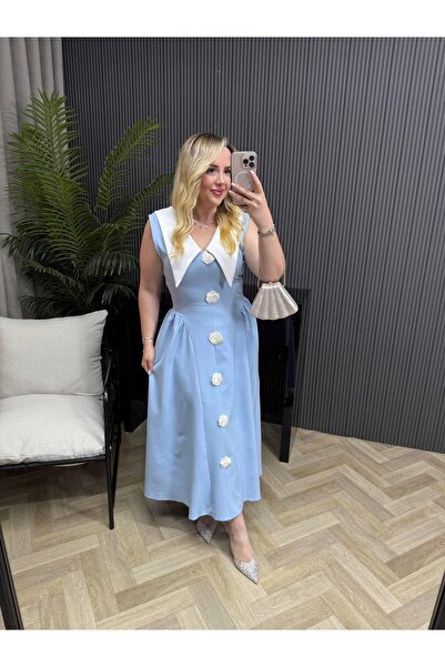 Byelifdursun Gül Detaylı Prenses Model Elbise Bebek Mavi