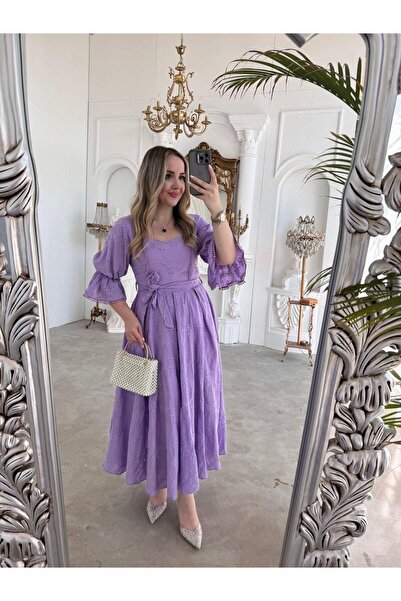 Byelifdursun Bianca Kol Lastıklı Tasarım Brode Lila Elbise