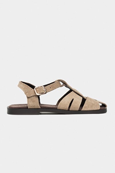 NİŞANTAŞI SHOES Bird Rome Beige Suede Genuine Leather Buckle Detail Flat Sole...