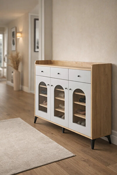 MARIA HOMES Elegant Wooden Shoe Cabinet Sideboard with Arched Glass Doors and...
