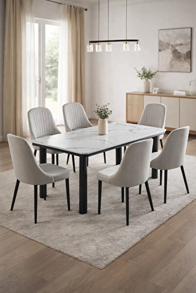 MARIA HOMES Contemporary 7-Piece Dining Room Set with White Faux Marble Table...