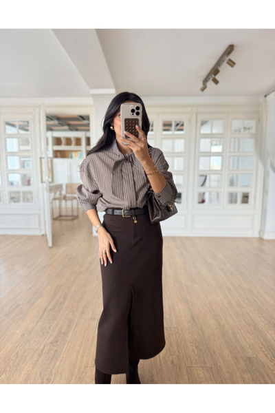 FEMMESTUDIO Women's Brown Striped Shirt with Scarf