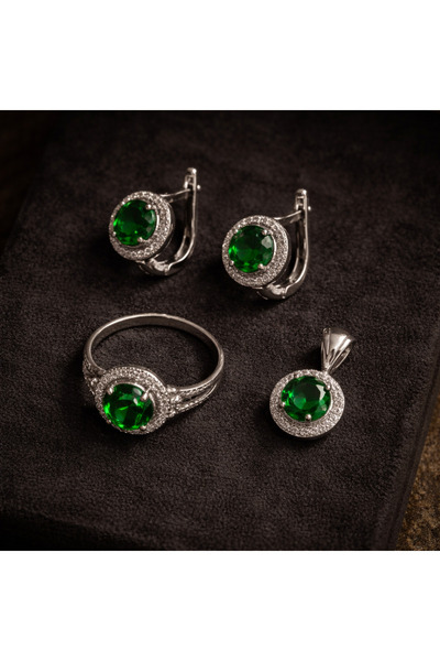 Vintage 925 AYAR Silver Zümrüt Yeşili Taşlı Halo Gümüş Takı Seti