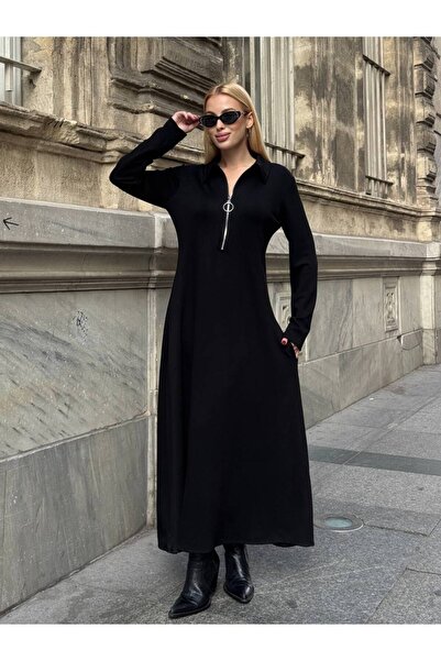 AYASOFYA OTANTIK Women's Black Zipper Closure Collared Long Sleeve Long Dress