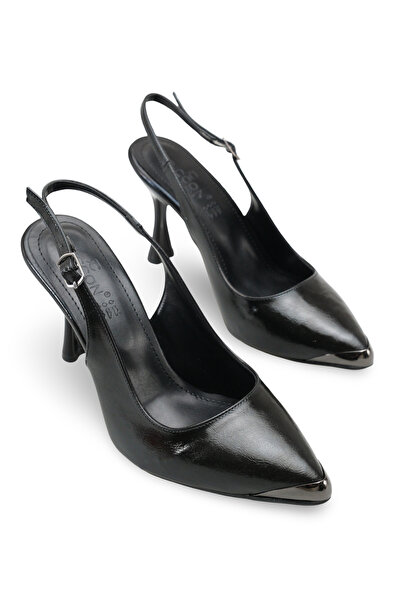 Riccon Women's Pointed Toe Open Back Thin Heeled Shoes 00121303 Black Rustic