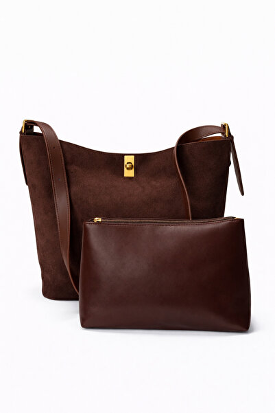 Mixray 2053 Suede Large Shoulder Bag and Leather Mini Inner Bag Set of 2 Brown