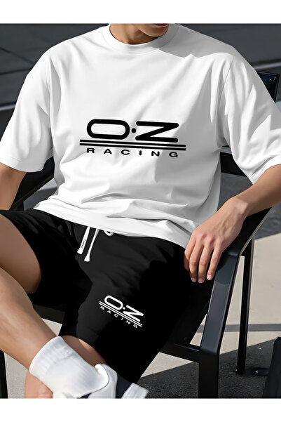 ibibik moda Men's White Patterned Vertical Printed Oversize Tshirt Shorts