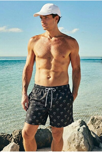 MADZEYMODA Μαύρο ανδρικό μαγιό με επένδυση, ελαστικό κορδόνι, κοντό μήκος, με...