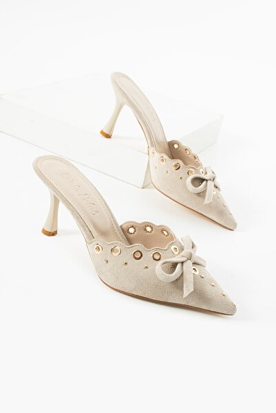diclepolat Women's Beige Pointed Toe Heeled Slippers with Bow and Metal Detai...