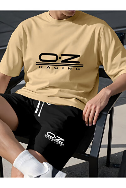 ibibik moda Men's White Patterned Vertical Printed Oversize Tshirt Shorts