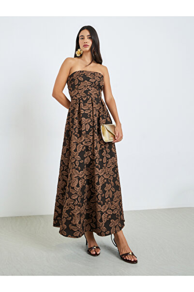 Styli Black Jacquard Sleeveless A-Line Maxi Dress