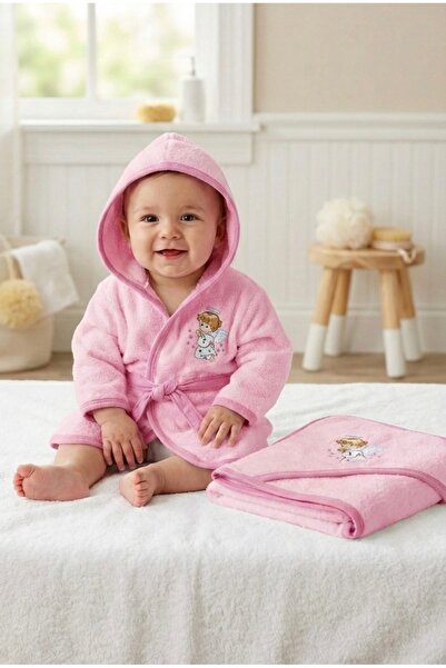 MASSIBEBE Set Premium pentru Baie Bebe cu Îngeraș Brodat (Halat, Prosop și Mă...