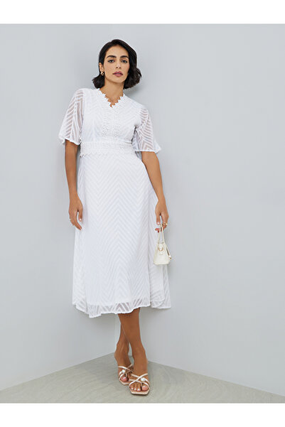 Styli Women White Lace Trim A-Line Midi Dress